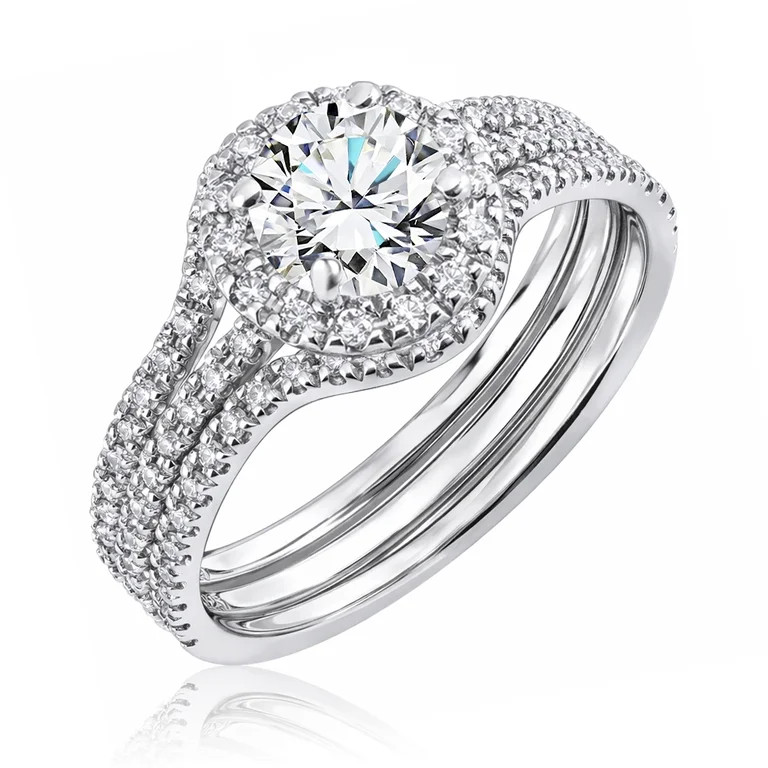 JeenMata 1 Carat Lab Grown Diamond Trio Wedding Ring Set - Round Cut Halo Statement Ring in 18K W... | Walmart (US)