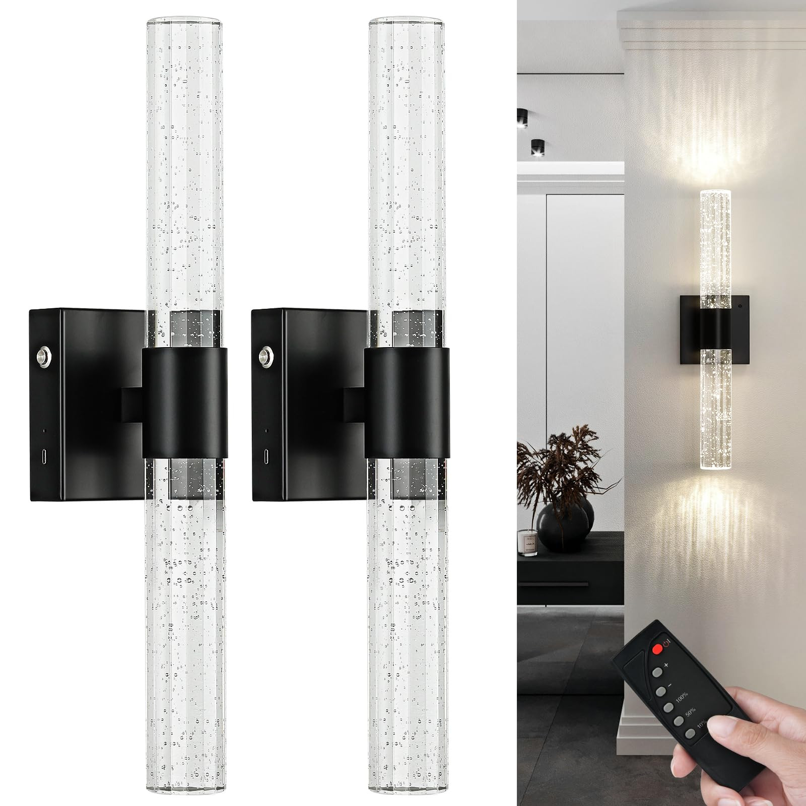 Battery Operated Wireless Wall Sconces Set of Two, Rechargeable Black Wall Sconce Set of 2 with R... | Amazon (US)