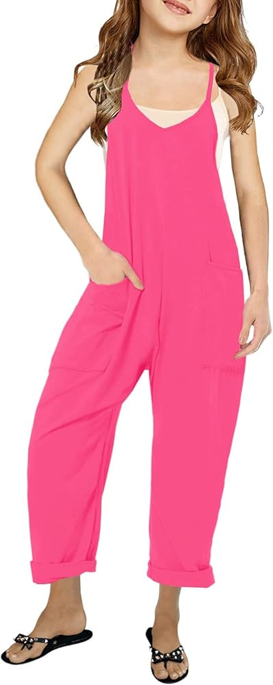 Cnkwei Girls' Casual Sleeveless Jumpsuits Spaghetti Strap Loose Romper Long Pants with Pockets | Amazon (US)