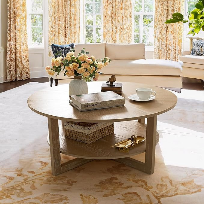 YESHOMY 35.5" Modern Round Coffee Table with Storage Shelf, 2-Tier Wood Coffee Table, Small Space... | Amazon (US)