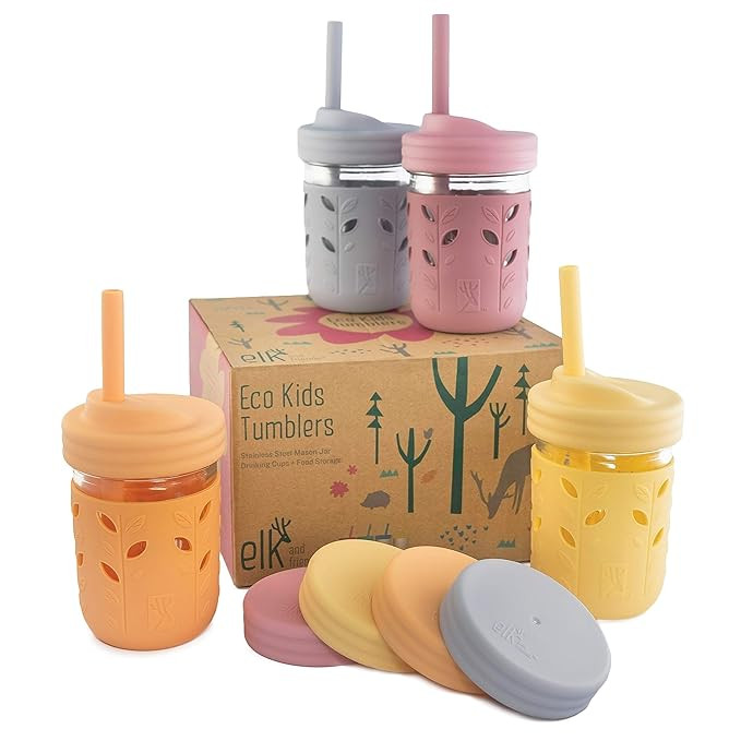 Elk and Friends Kids & Toddler Cups | The Original Glass Mason Jars 8 oz with Silicone Sleeves & ... | Amazon (US)