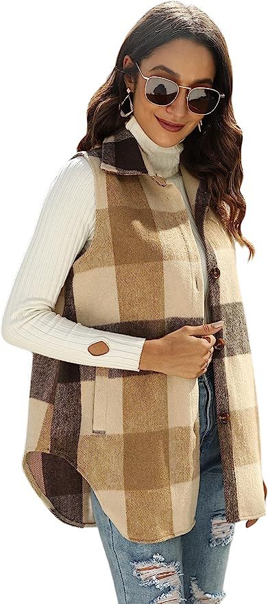 Uaneo Womens Casual Plaid Wool Blend Button Down Long Sleeve Shirt Jacket Shackets | Amazon (US)