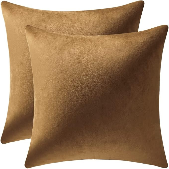 DEZENE Throw Pillow Cases 20x20 Golden Brown: 2 Pack Cozy Soft Velvet Square Decorative Pillow Co... | Amazon (US)