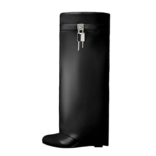 Arqa Fold Over Black Knee High Boots for Women Covered Wedge Heel Shark Boots Pull-on Black Boots Fashion Party Almond Toe Booties Size 9.5 | Amazon (US)