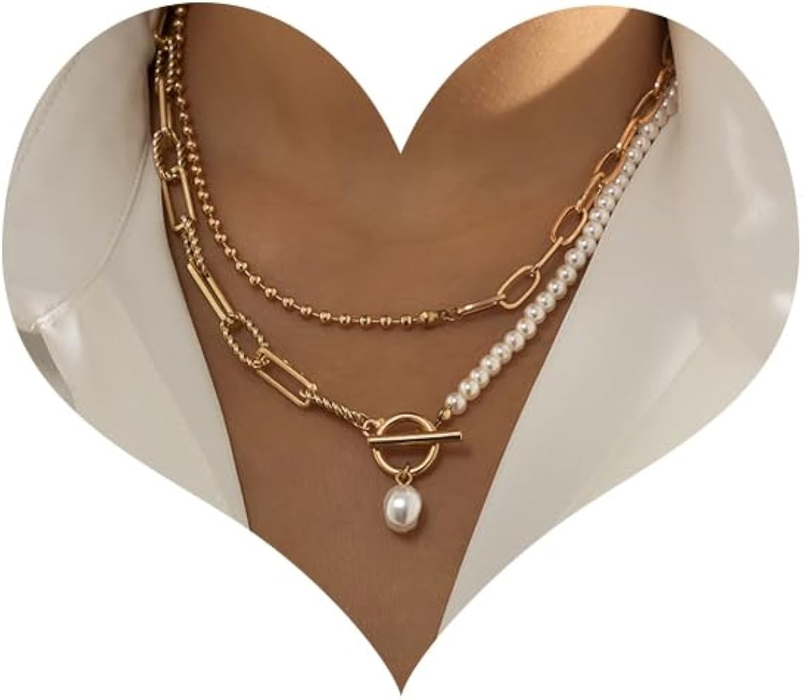 Dainty Layered Baroque Pearl OT Clasp Necklace for Women,Vintage Paperclip Pearl Chain Choker Nec... | Amazon (US)