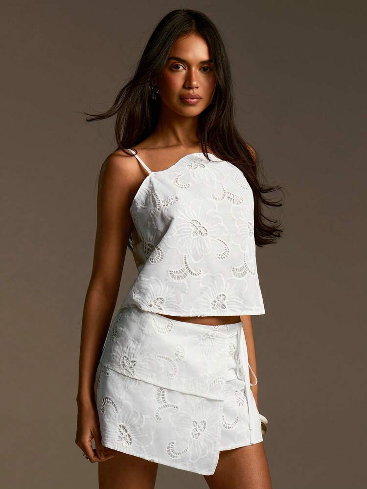 Athîral Women's Casual White Embroidered Lace Up Skort, White , Hollowed Out , Date Party, Outdoor, Spring/Summer, Holiday, Casual Retro | SHEIN