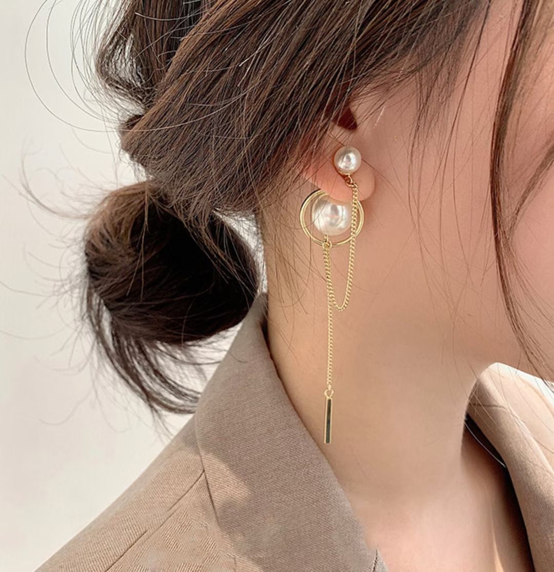 Pearl Back Dangle Earrings / Gold Chain Tassel Drop Earrings / Double Pearl Ear Jacket Earrings /... | Etsy (US)
