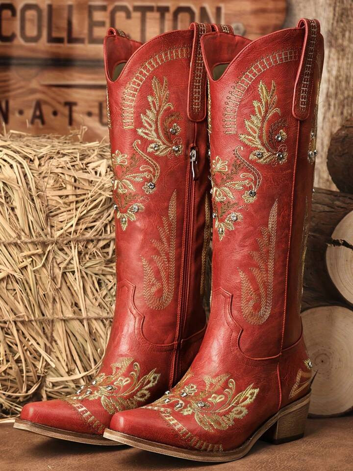 Embroidery Cowgirl Western Boots Chunky Heels Zip Retro Luxury Casual Mid Calf Red Women Ridding ... | SHEIN