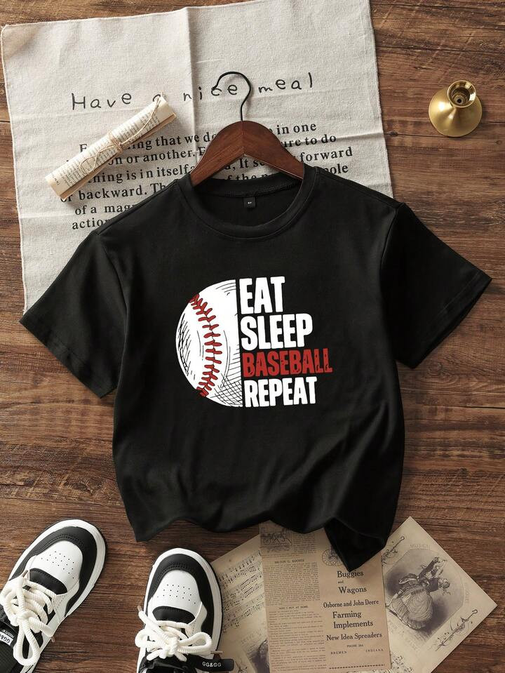 Tween Boy Casual Slogan Baseball Printed Black Round Neck Short Sleeve T-Shirt Summer Top | SHEIN