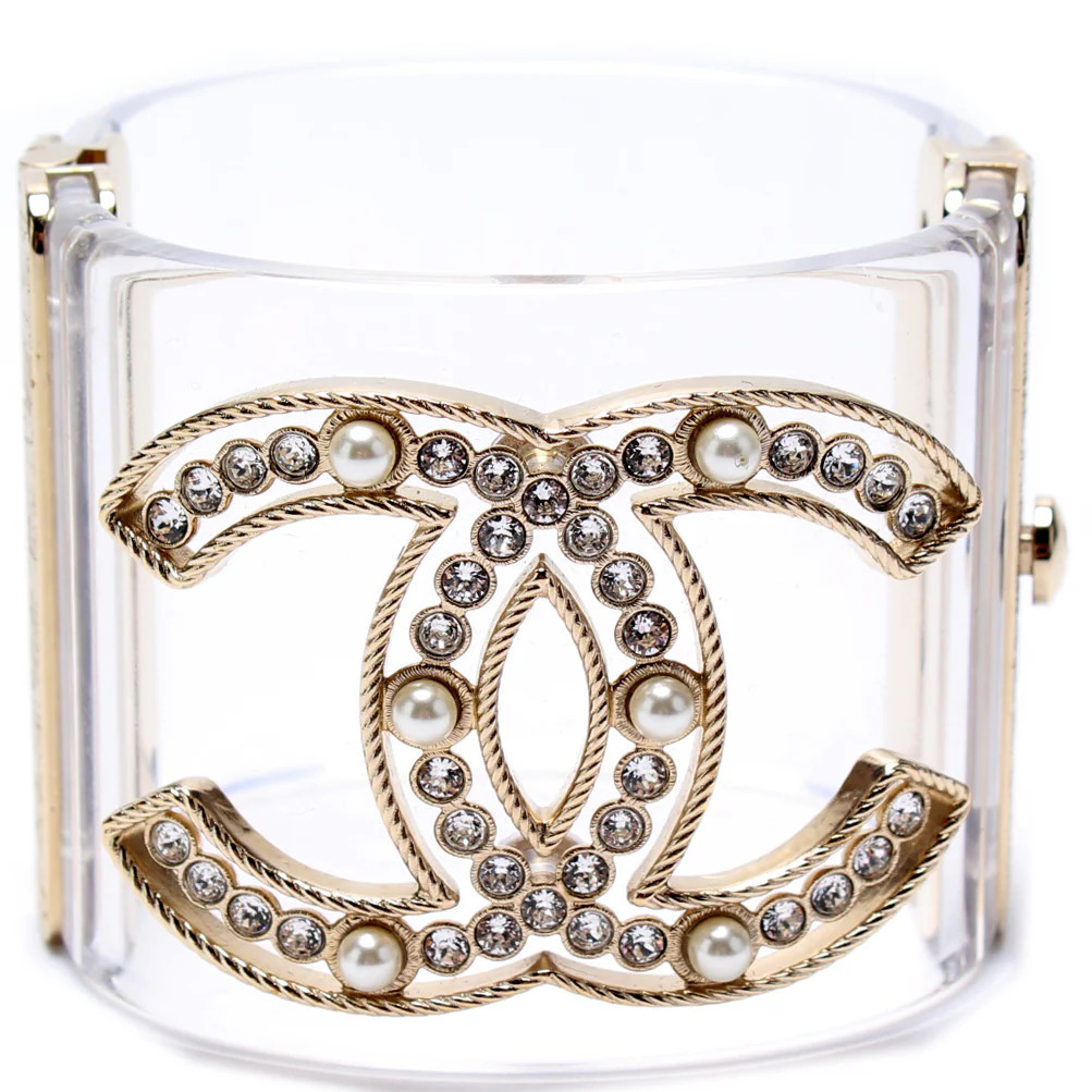 CC Rhinestone And Pearl Resin Cuff Bracelet | Keeks Designer Handbags