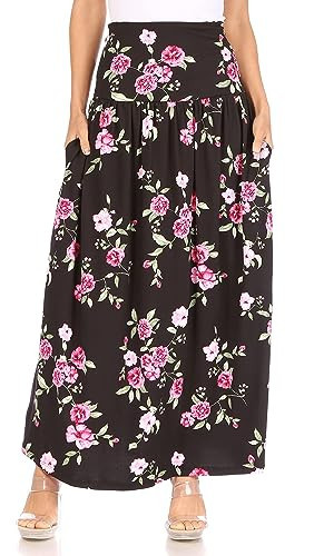 Black Pink Floral Skirts for Women Ankle Length Skirt Casual Long Skirt High Waisted Maxi Skirt Reg and Plus Size Skirt Long Skirt (Size Large, Black Pink Floral) | Amazon (US)