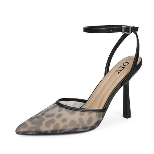 QIY Leopard Print Closed Toe Heels for Women Pumps Slingback Ankle Strap PointyPointed Toe Leopard Mesh Heels Kitten Stiletto Dress Shoes Size 9.5 | Amazon (US)