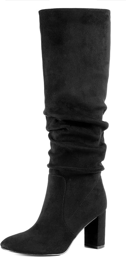 Soft Slouchy Knee High Boots Chunky Heel Slip On Vegan Suede Dress Boots Wide Shaft Relaxed Fit | Amazon (US)
