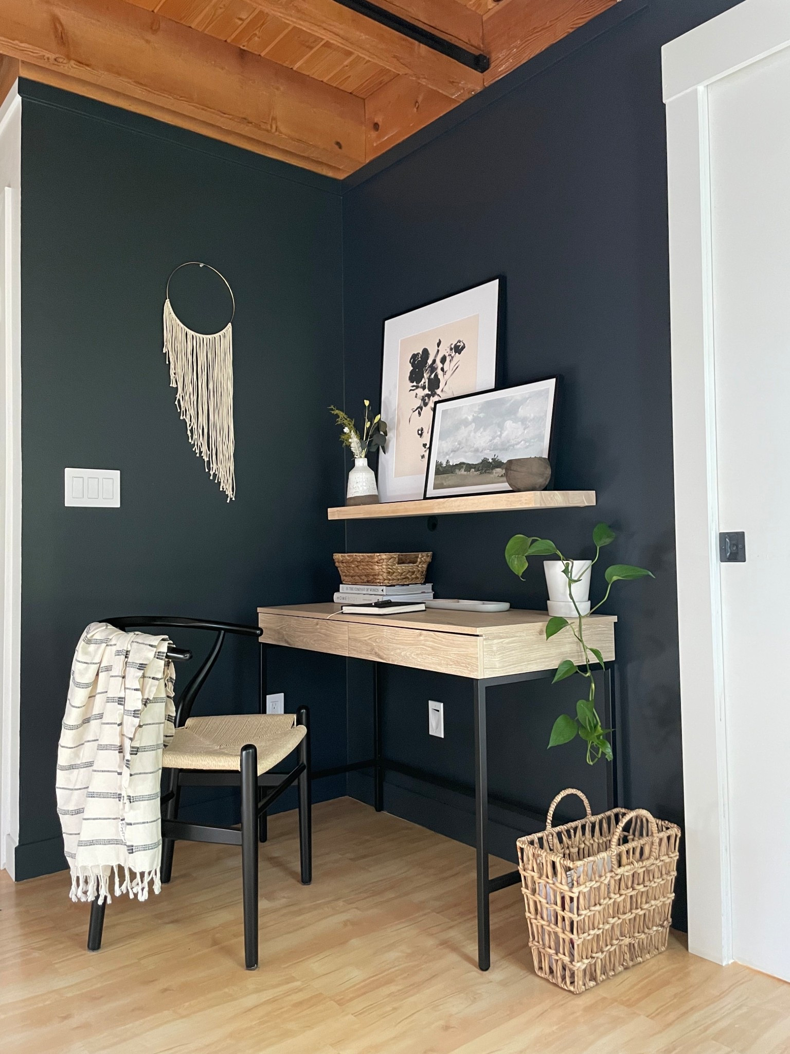 I turned this little corner into a lovely little workstation - black painted wall backdrop, minimal desk, floating shelf, and mix of art prints set the stage for my sweet little spot to work. 



#LTKHome