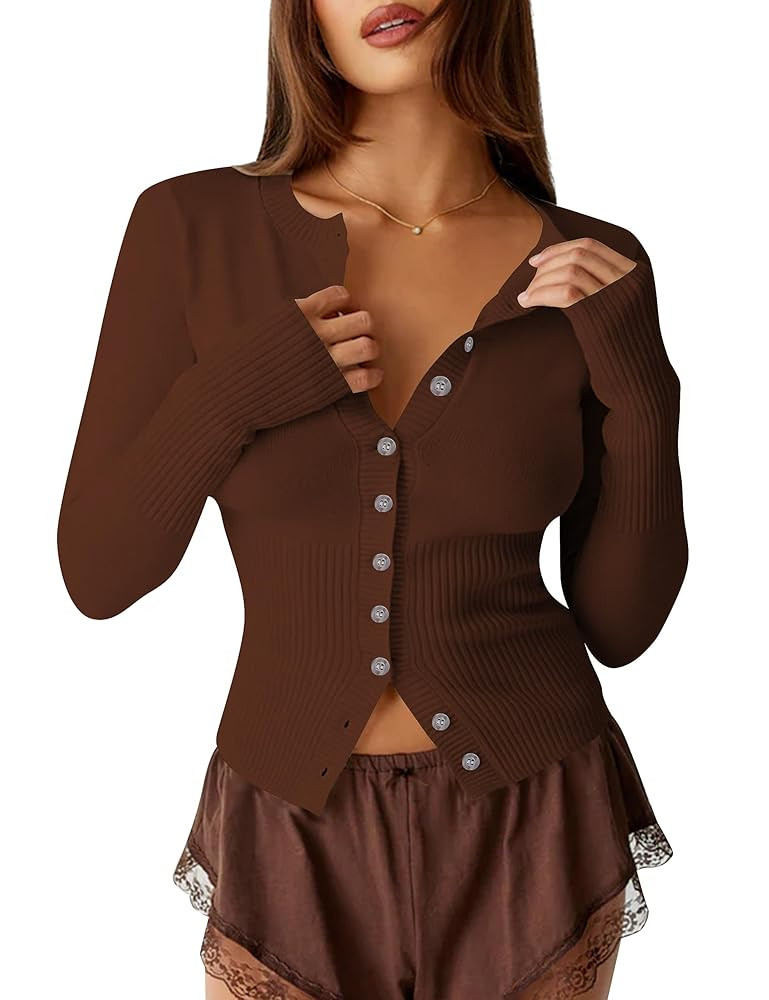 Womens Open Front Button Up Cropped Cardigan Ribbed Knit Long Sleeve Shirt Casual Solid Crop Top ... | Amazon (US)