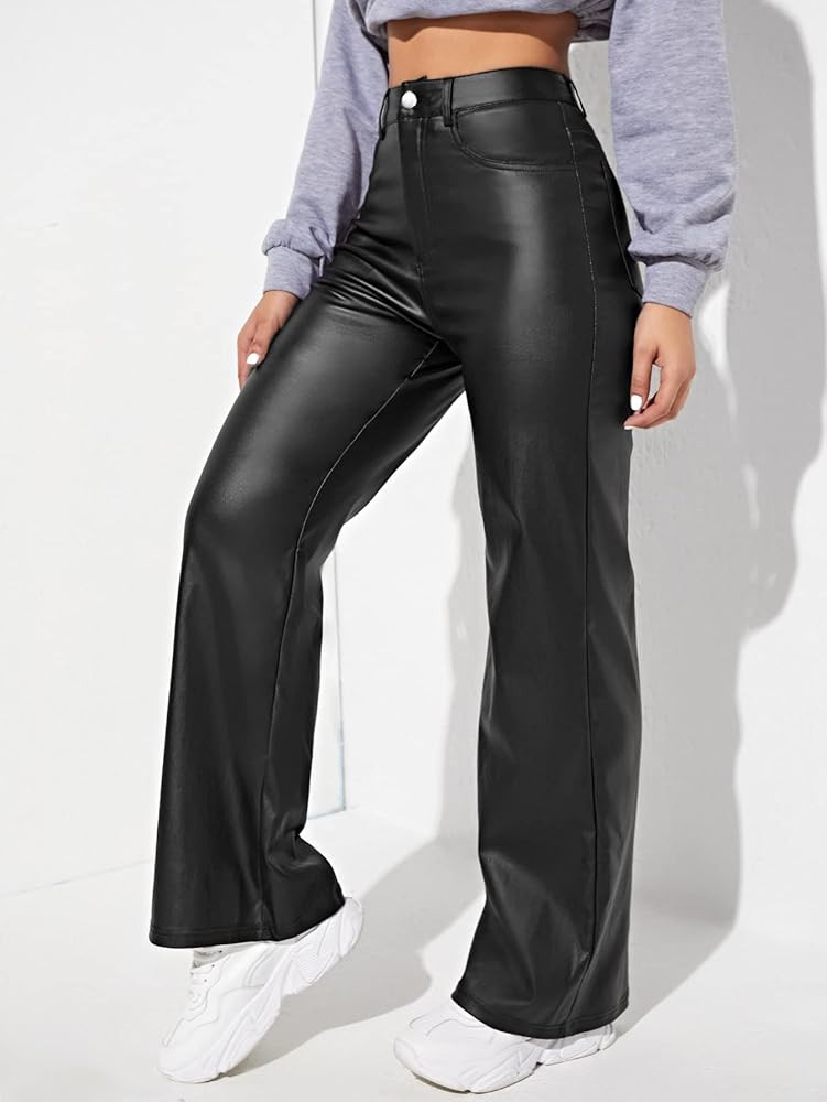 MakeMeChic Women's High Waist Pockets Straight Leg Jeans Leather Look Pants | Amazon (US)