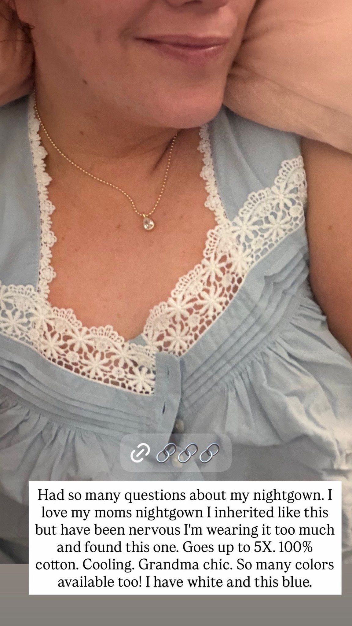 Got several questions about the nightie I was wearing in a previous post with this necklace. It’s so comfy and breathable and is under $20 right now on Amazon! 100% cotton, goes up to size 5X, and comes in lots of different colors; I have it in white and this light blue. Giving grandma chic, haha!

#LTKSaleAlert #LTKPlusSize