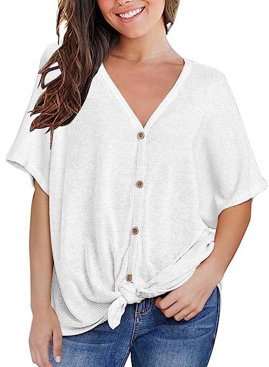 MIHOLL Womens Loose Blouse Short Sleeve V Neck Button Down T Shirts Tie Front Knot Casual Tops | Amazon (US)