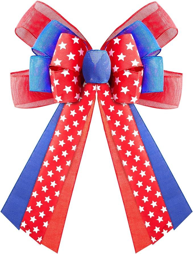 Patriotic Decor Bows for Wreaths, 16'' x 24'' Burlap Blue White, Red Stripe Stars Tree Topper Bow... | Amazon (US)