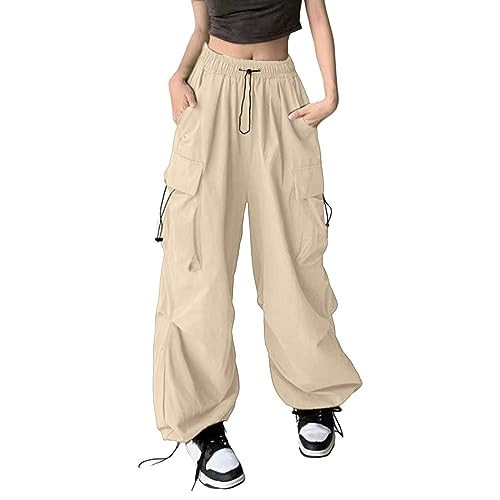 Y2K Light Baggy Cargo Pants for Women - Low Waist, Elastic, Drawstring, Ruched, Parachute Pants with Pockets | Amazon (US)