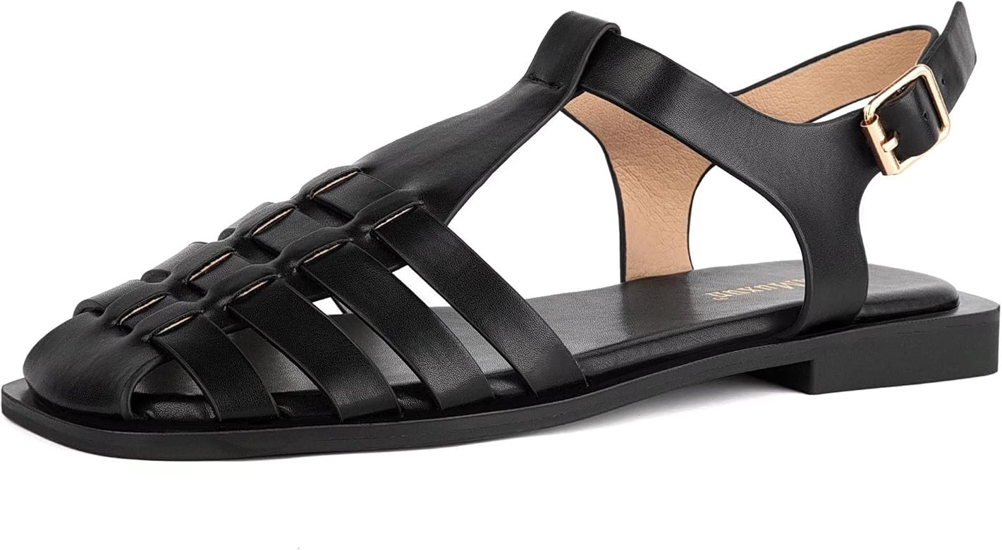MaxMuxun Women's Closed Toe Flat Sandals Comfortable Ankle Strap Cut Out Cage Summer Roman Shoes | Amazon (US)