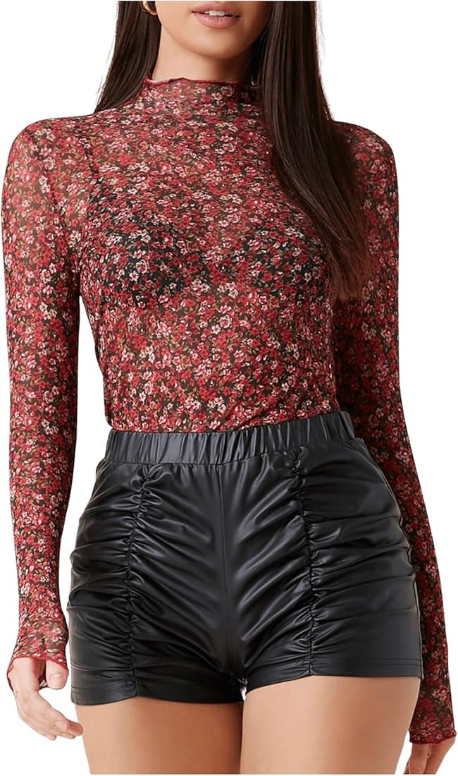 WDIRARA Women's Floral Print Mesh Tee Top See Through Sheer Mock Neck Long Sleeve T-Shirts | Amazon (US)