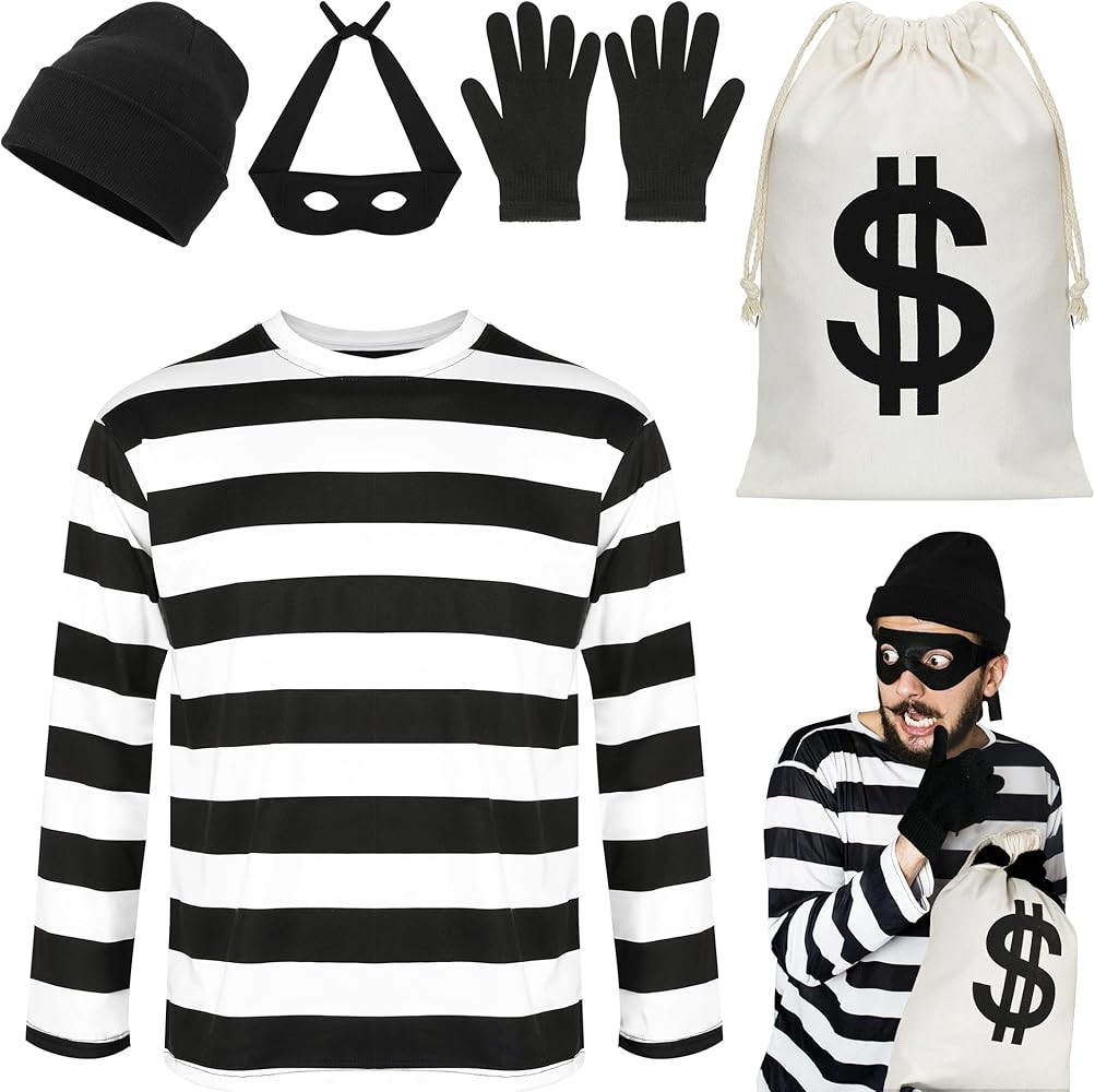 QZYL Robber Costume Set, Unisex Thief Cosplay T Shirt Beanie Cap Gloves Eye Masks Money Bags for ... | Amazon (US)