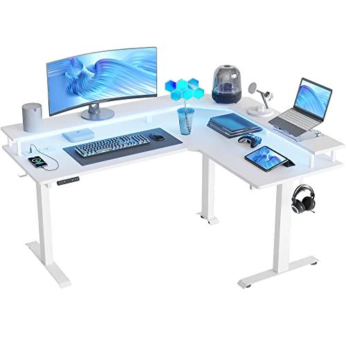 FEZIBO 63" Triple Motor L Shaped Standing Desk with LED Strip & Power Outlets, Height Adjustable Sta | Amazon (US)