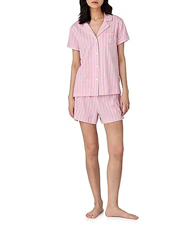Lauren Ralph Lauren Stripe Print Short Sleeve Notch Collar Knit Shorty Pajama Set - L | Dillard's