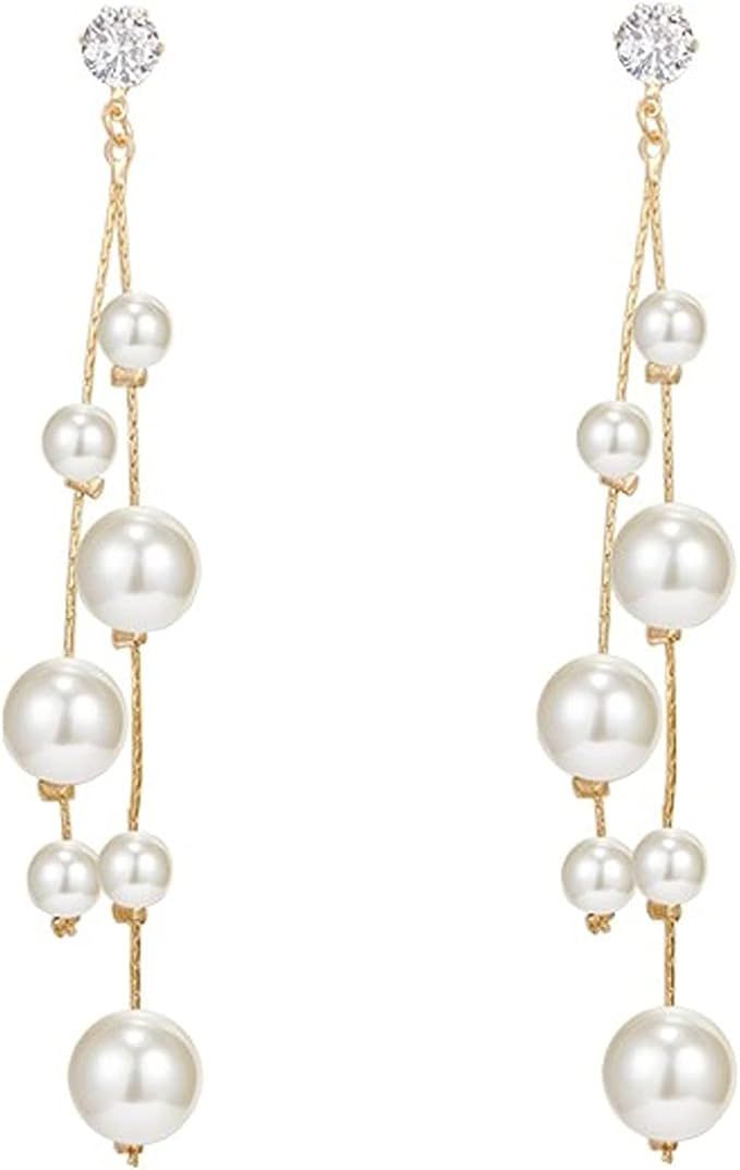 Long Tassel Pearl Dangle Earrings for Women Girls - Dangling Hanging Baroque Simulated Freshwater... | Amazon (US)