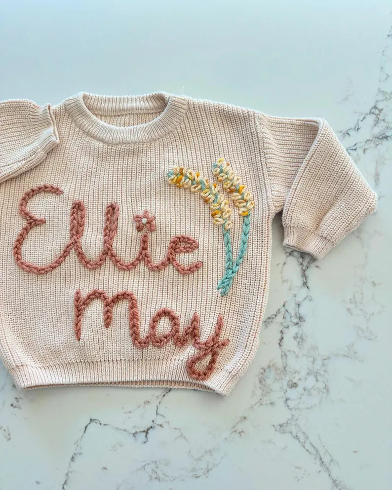 Hand Embroidered Baby/toddler Name Sweater in Cream With Terracotta Red Yarn and Wheat Flowers - ... | Etsy (US)