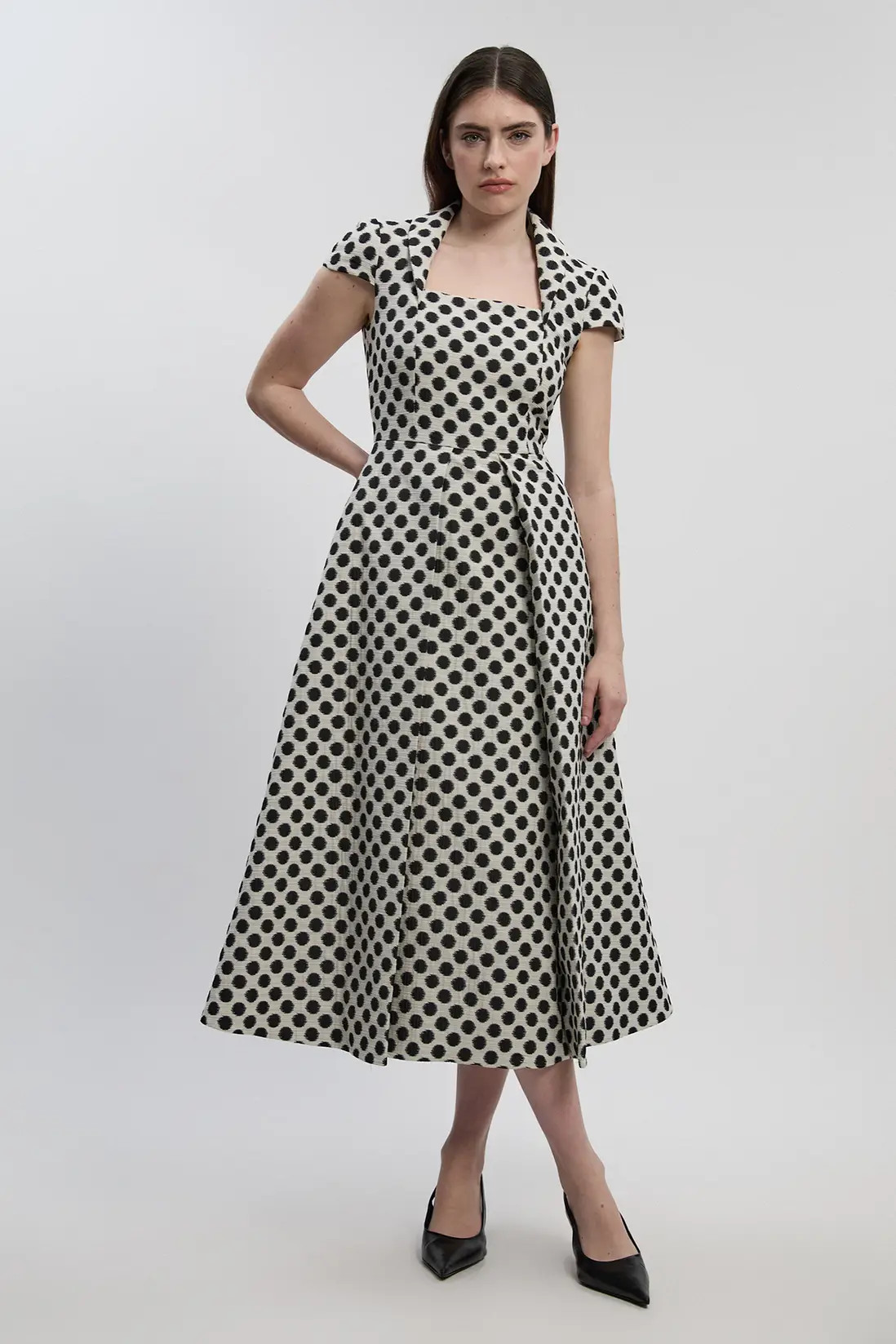 Petite Spot Jacquard Square Neck Tailored Full Skirted Midi Dress | Karen Millen