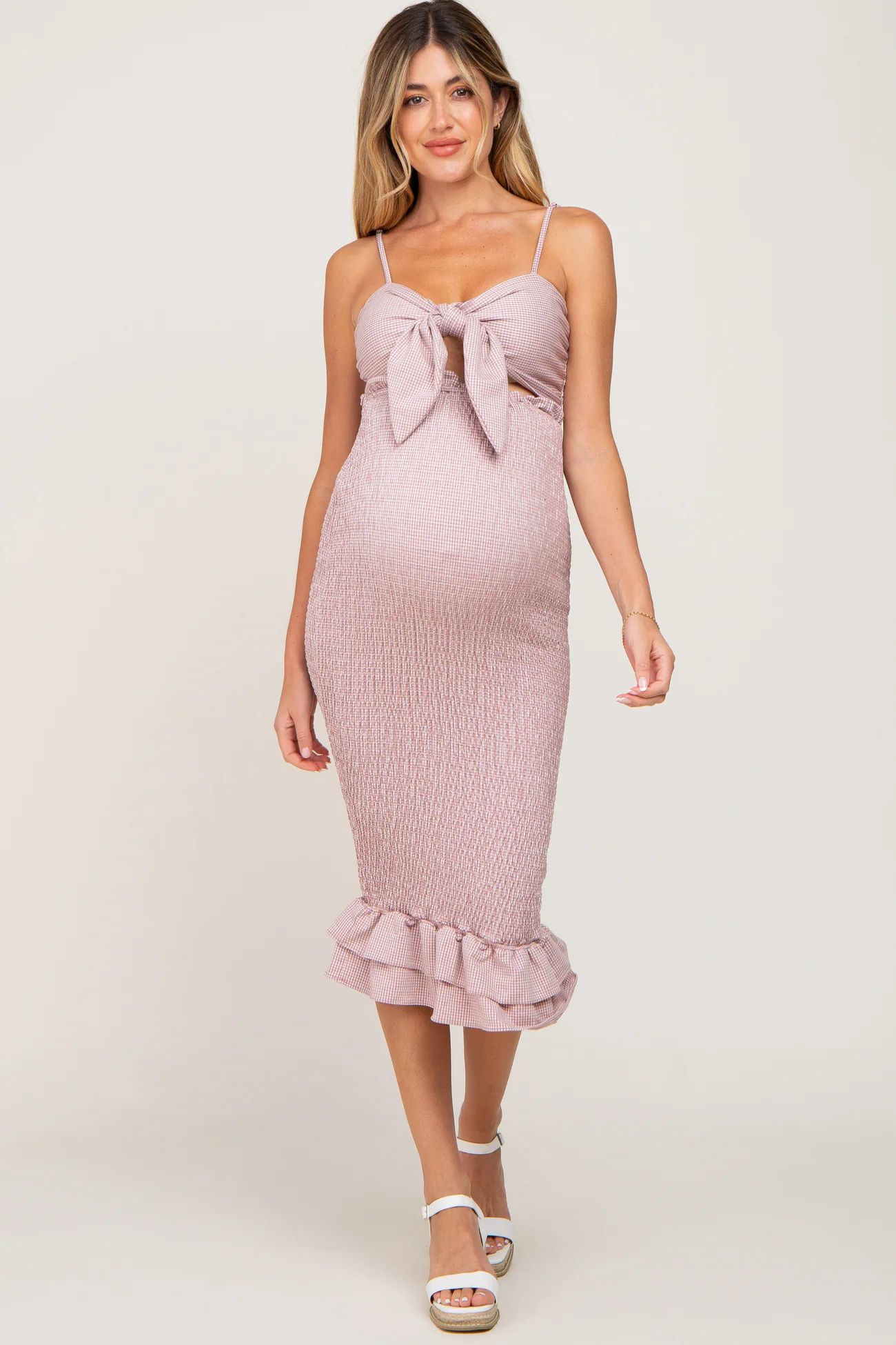 Mauve Gingham Print Smocked Fitted Self-Tie Maternity Midi Dress | PinkBlush Maternity