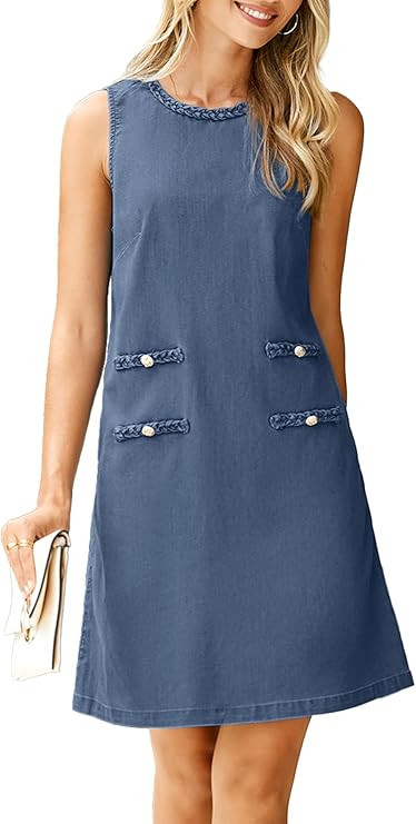 Simplee Womens Denim Dress Summer Sleeveless Casual Mini Dresses Crewneck Western Jean Dress with... | Amazon (US)