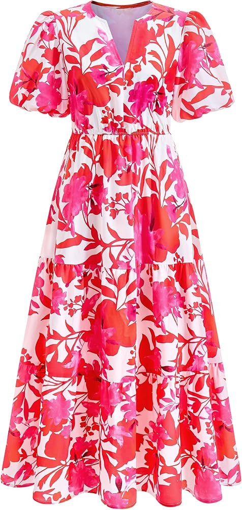 dowerme Womens Summer Dresses 2026 Casual Puff Short Sleeve V Neck Floral Boho Tiered Ruffle Maxi... | Amazon (US)
