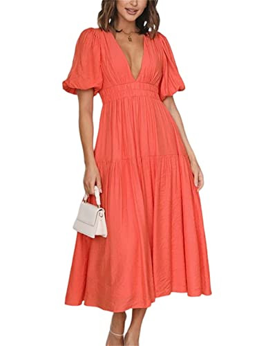 HOULENGS Women's Deep V Neck Puff Short Sleeve Tiered Dress Elastic High Waist Flowy A Line Midi ... | Amazon (US)