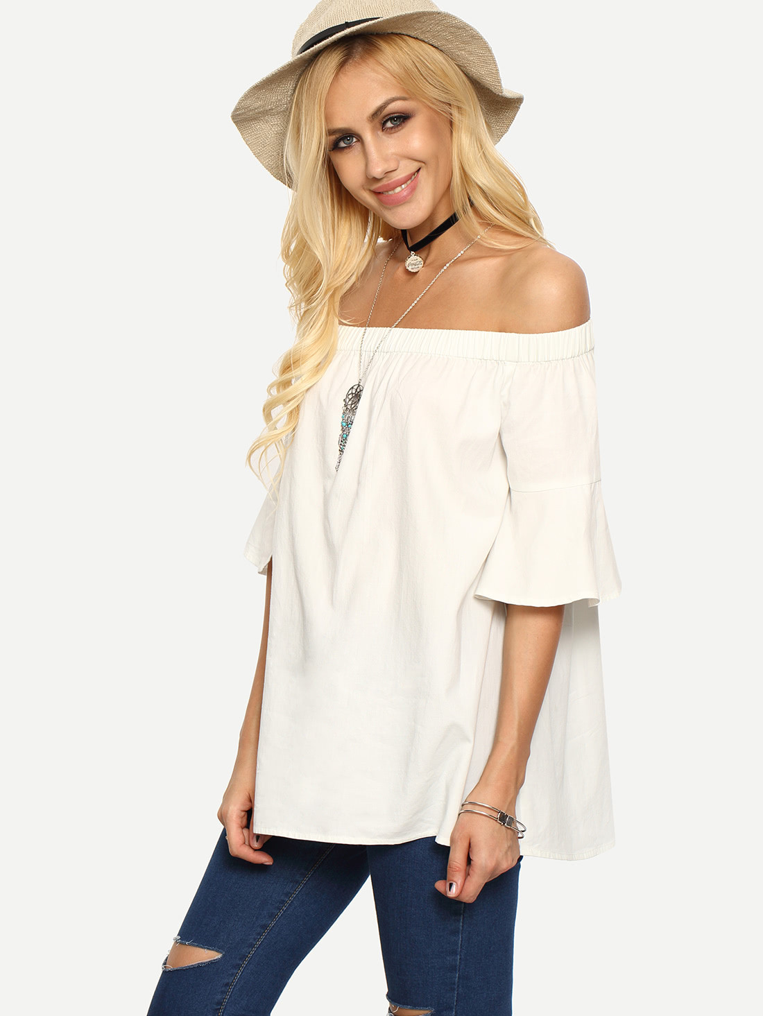 White Off The Shoulder Bell Sleeve Blouse | SHEIN