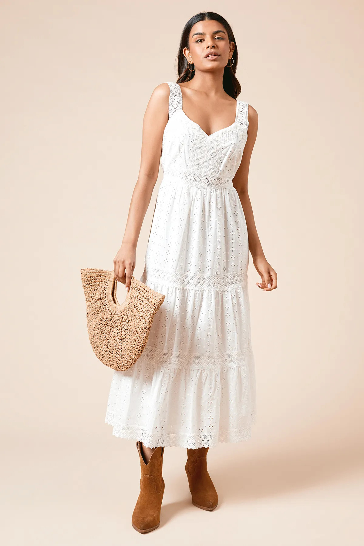 White Dorothy Perkins Petite Lace Insert Broderie Strappy Midi Dress | Debenhams | Debenhams UK