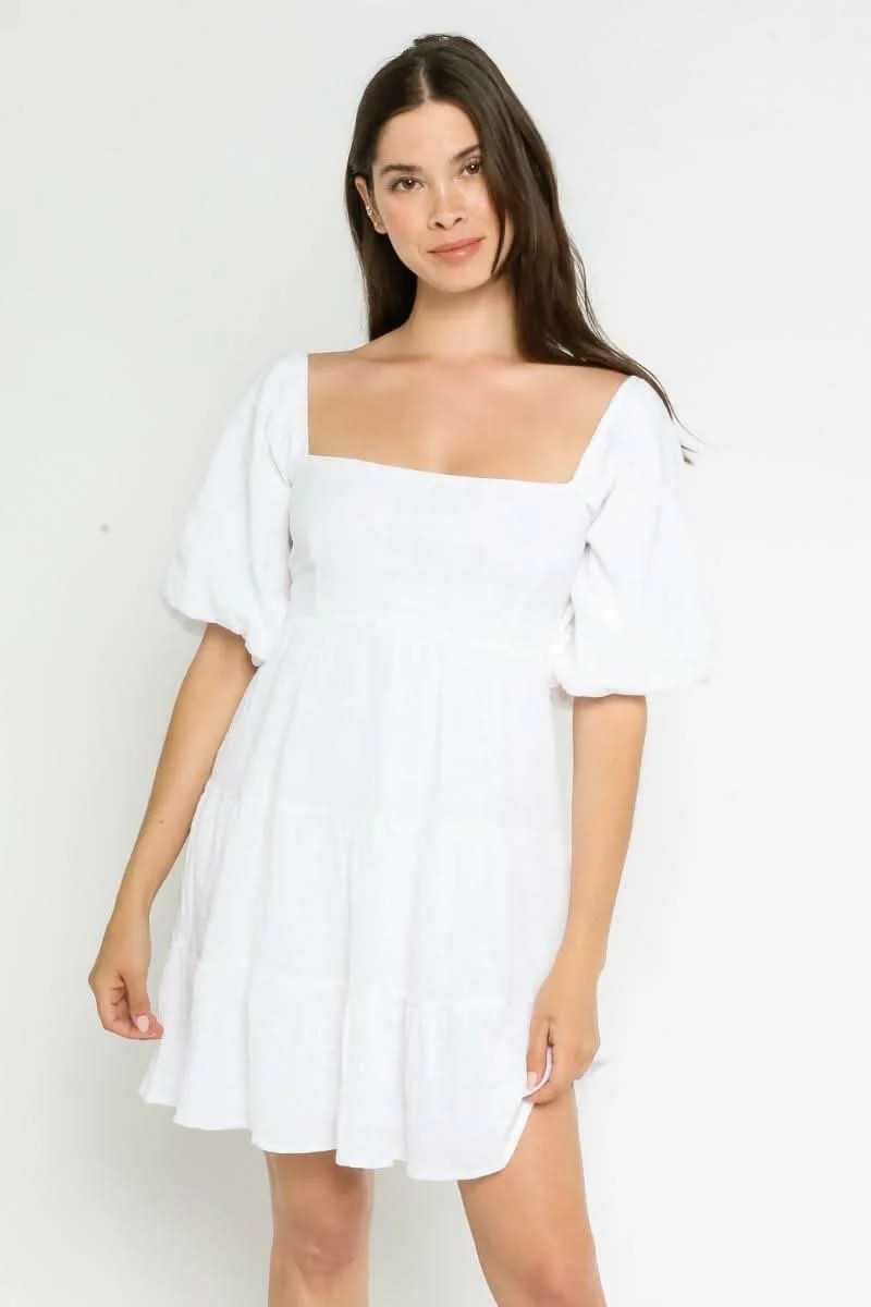 Always Lovely White Puff Sleeve Babydoll Dress L | Boho Pink