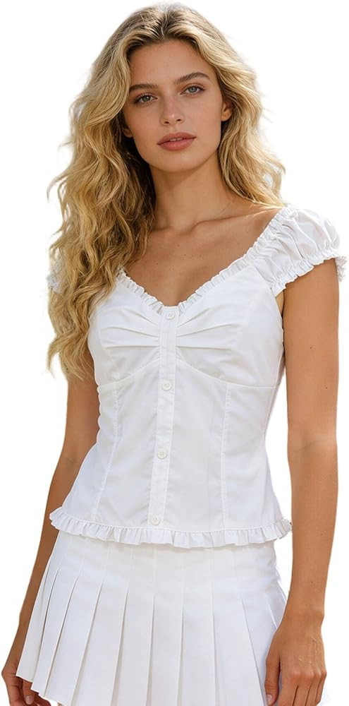 Women's Bow Tie Back Tops V Neck Ruffle Cap Sleeve Solid Slim Fit Shirt Top Buttons Backless Goin... | Amazon (US)