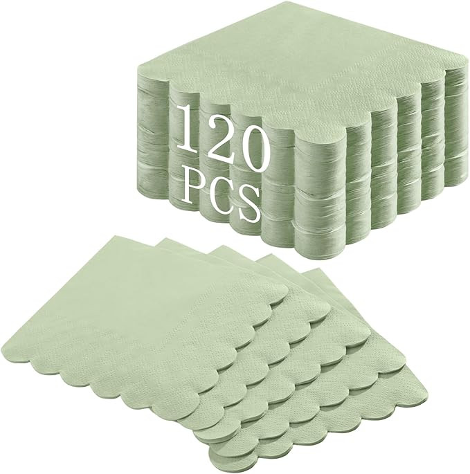 120 Pcs Cocktail Napkins Sage Green Disposable Dessert Beverage Napkin Scalloped Paper Napkin for... | Amazon (US)