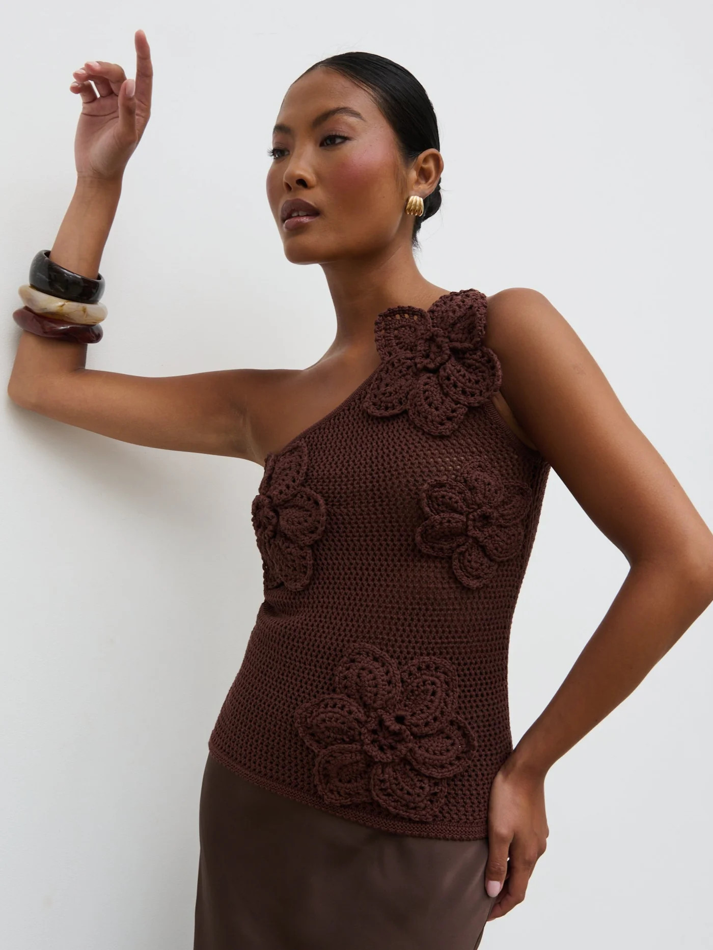 Megan Crochet Flower Knit Top - Brown | Pretty Lavish (UK)