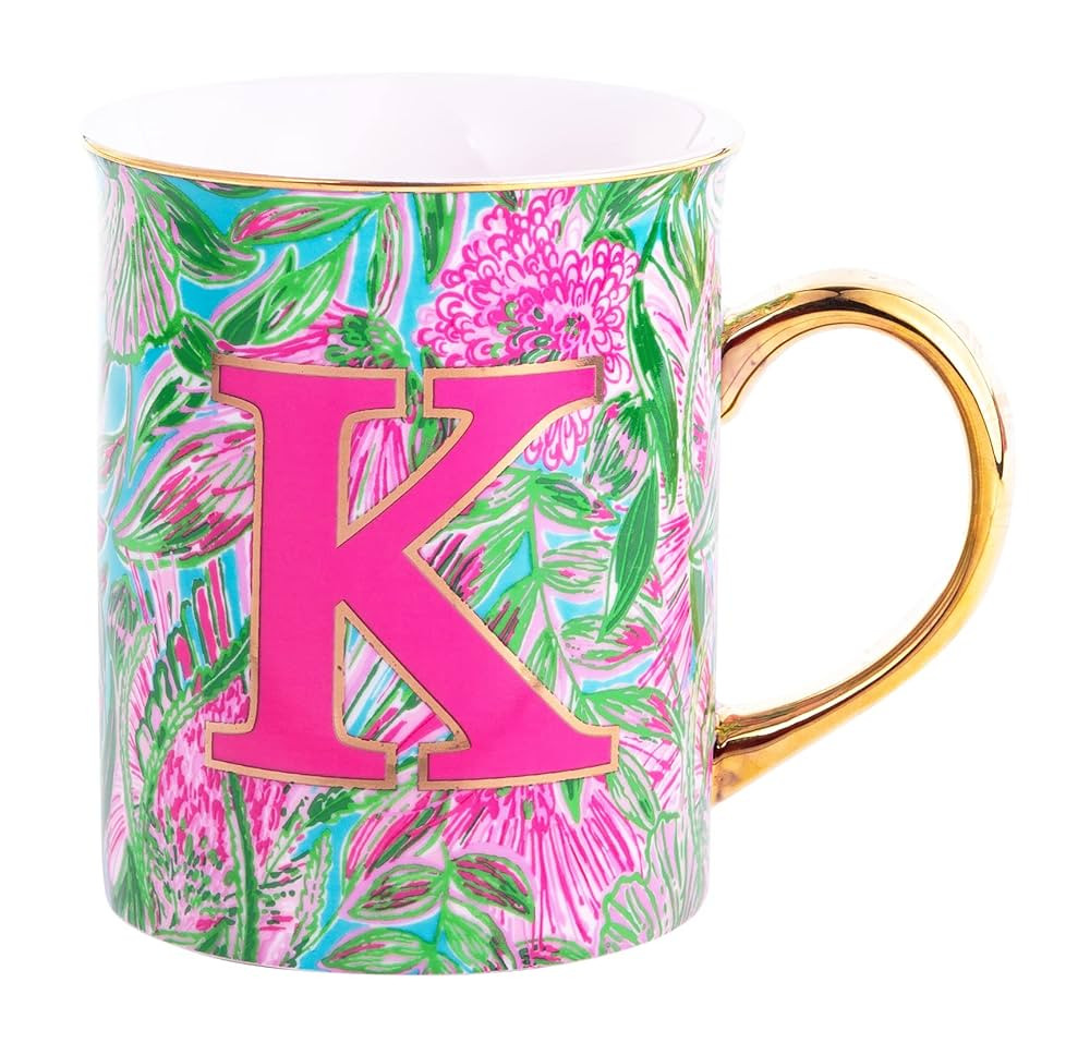 Lilly Pulitzer Initial Ceramic Coffee Mug, 14 Oz Tea Cup, Cute Mug with Gold Handle and Gift Box,... | Amazon (US)