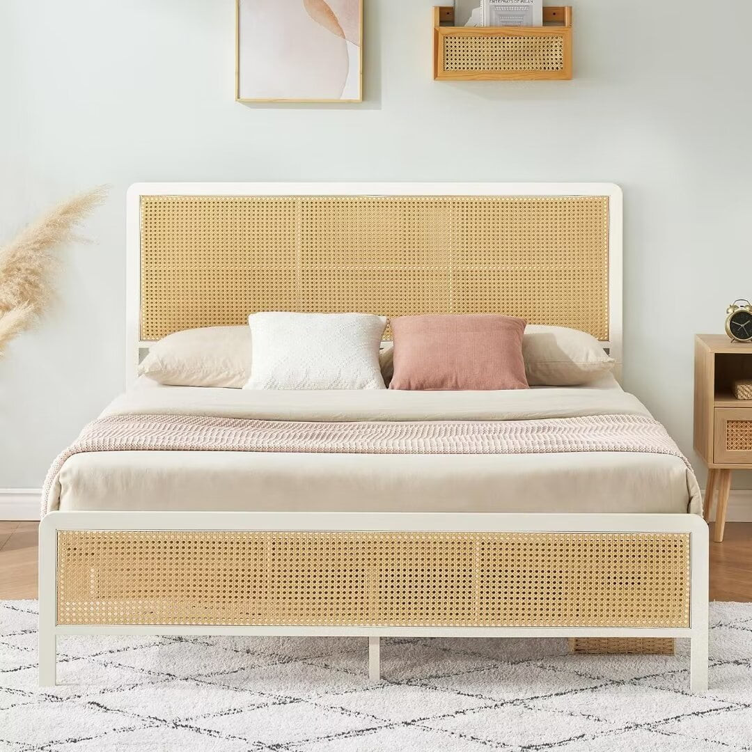 Queen Size Platform Bed Frame with Natural Rattan Headboard, Heavy Duty Sturdy Steel Slat Support... | Walmart (US)