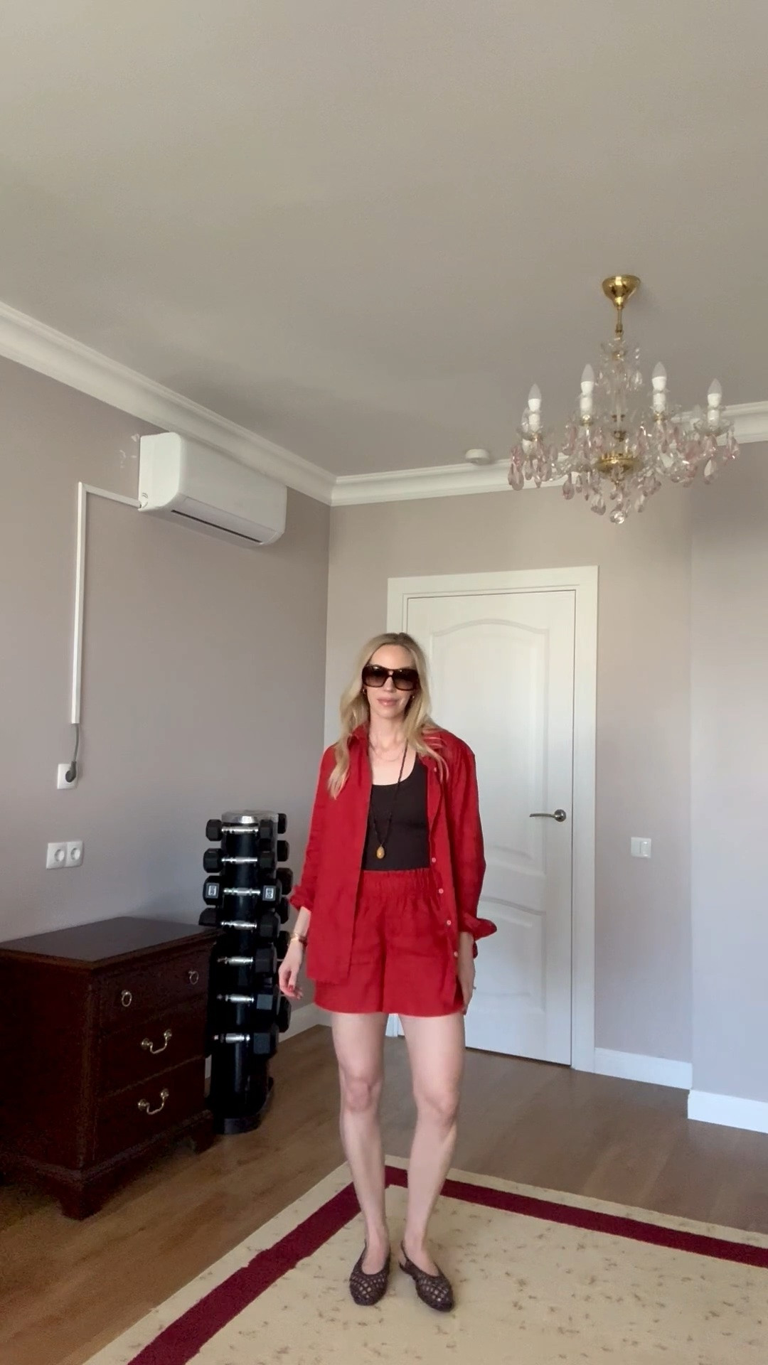 Summer vacation outfit, @Quince linen shorts set, dark brown and red, tomato red, beaded pendant necklace, braided slingbacks

#LTKTravel #LTKgrwm #LTKOver40