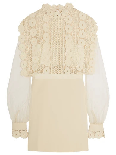 Self-Portrait - Guipure Lace, Crepe And Tulle Mini Dress - Cream | NET-A-PORTER (UK & EU)
