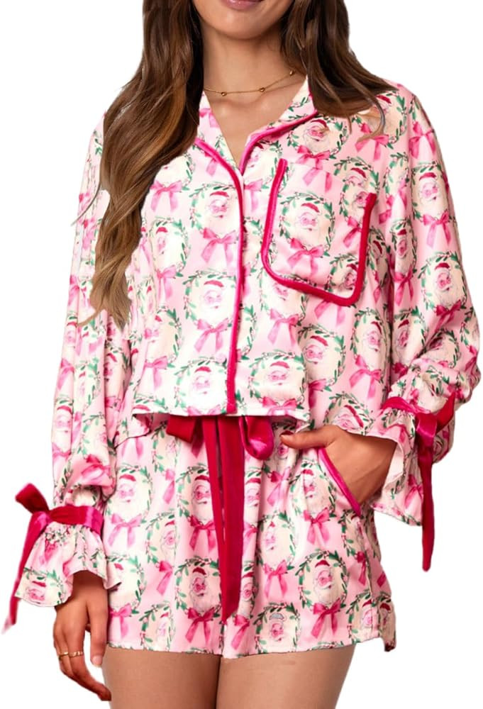 Luckinbaby Women Christmas Silk Pajamas Xmas 2 Piece Bow Tie Loungewear Long Sleeve Button Down K... | Amazon (US)