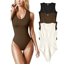 OQQ Women's 3 Piece Bodysuits Sexy Ribbed V Neck Sleeveless Tank Tops Bodysuits | Amazon (US)