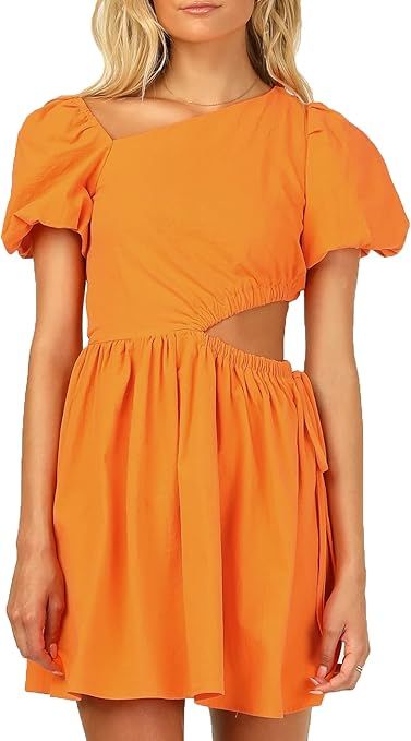 KMOLY Womens Puff Short Sleeve Mini Dress Summer Sexy Cut Out Waist Cute Casual A-Line Short Beac... | Amazon (US)
