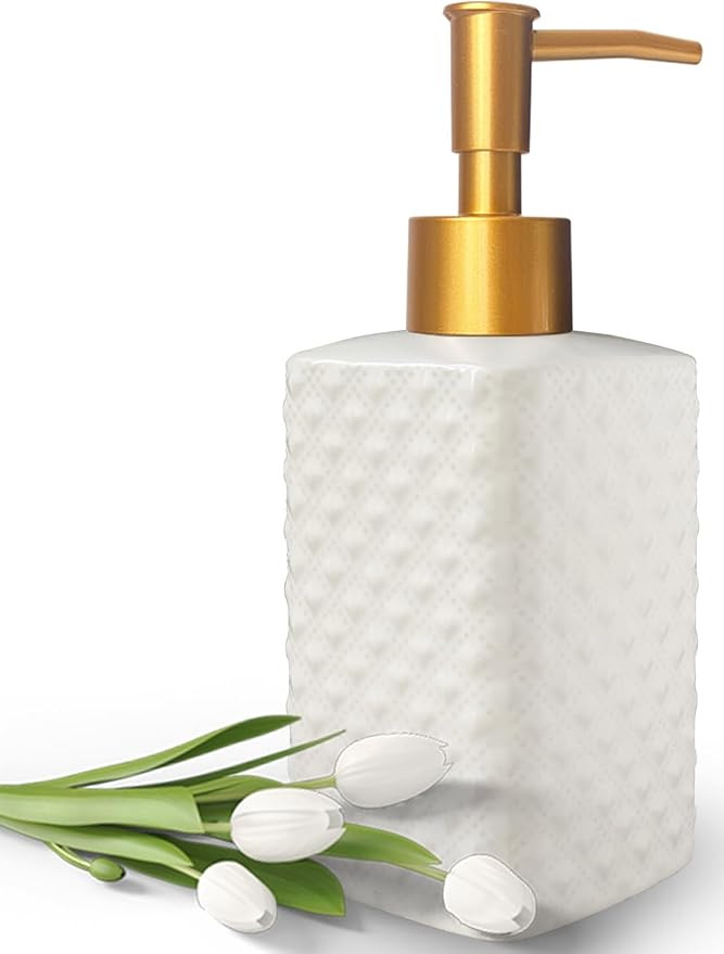 Chic Unique White Soap Dispenser for Bathroom with Golden Pump,Lotion Dispenser, Refillable Count... | Amazon (US)